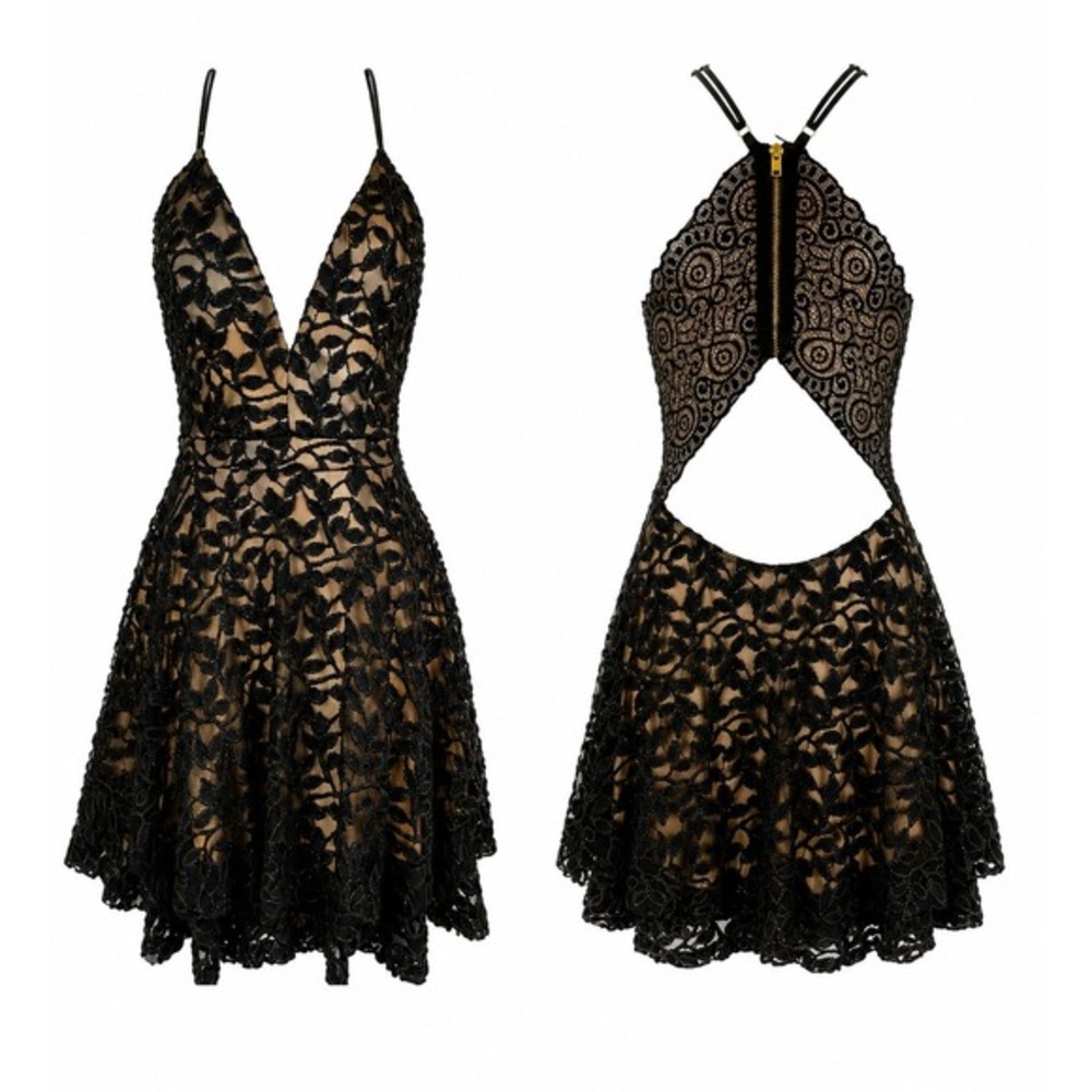 Whimsigoth Y2K Fairy Grunge Lace Overlay Babydoll Dress Size L Black Cutout Back